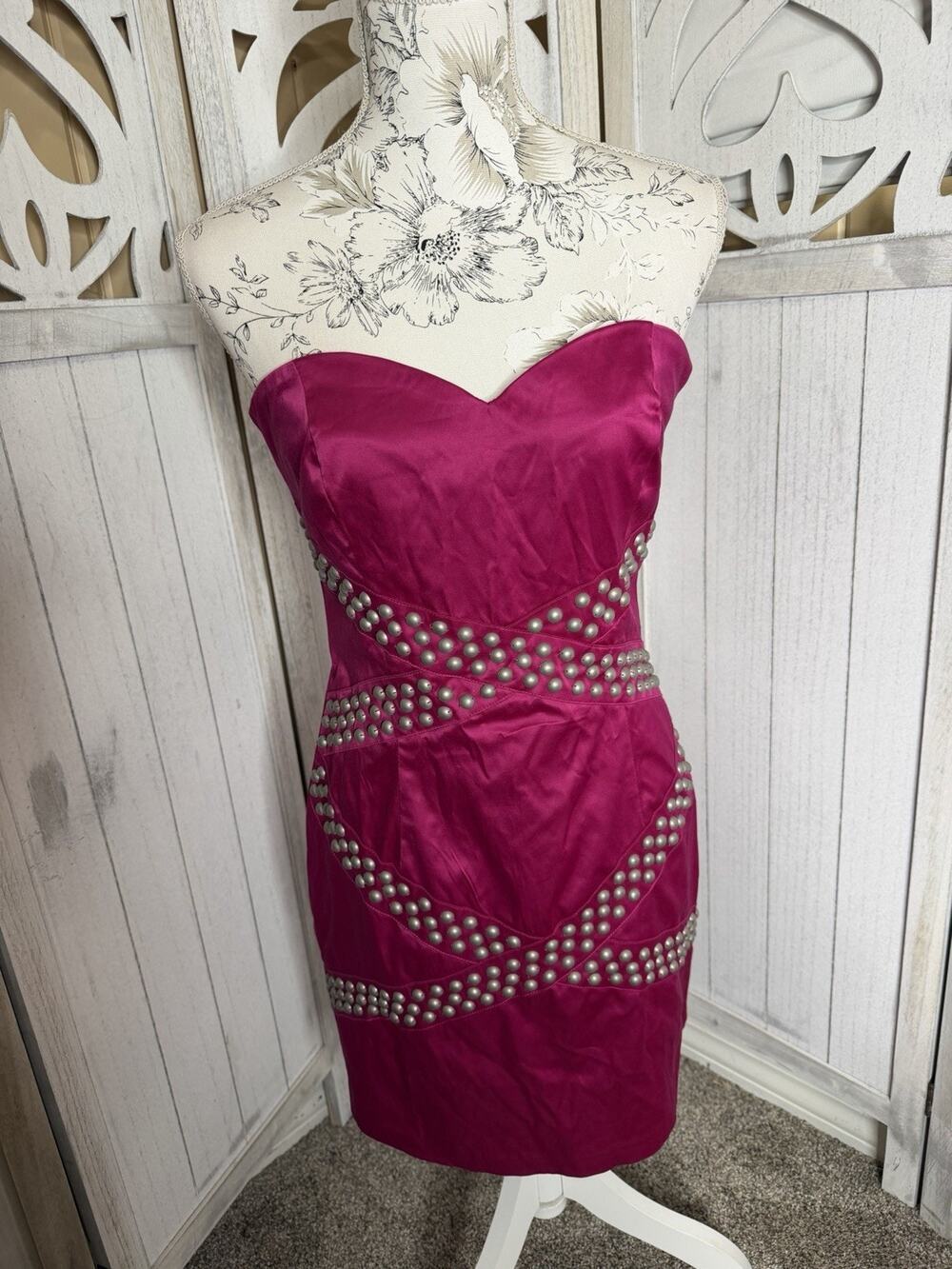 Vintage Bebe Y2K Studded Pink Strapless Dress Club Party Size Medium
